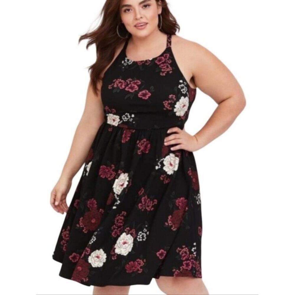 Torrid Skater Sleeveless Black Floral Dress Burgundy Cream Blooms Plus Size 1X 1